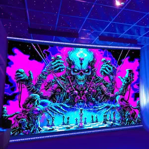 1pc Terrifying Skeleton Ghost King- Glow In The UV Light Party Banner Tapestry, Large Size Peach Skin Fluorescent Printing Tapestry, Bedroom Aesthetic Hanging Tapestry For Party Festival, Bedroom Home Decor, Wall Decoration With Free Accessories