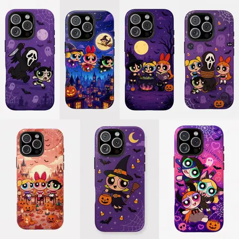 Powerpuff Girls Halloween Kawaii Film Shell Painting Phone Case - Shockproof Polycarbonate TPU Durable Smartphone Cover for iPhone 17 Pro Max,16,15,14,13,12,11 Pro Max,Air - Stylish Protective Cover for Kawaii Fans, Shockproof Phone Accessory