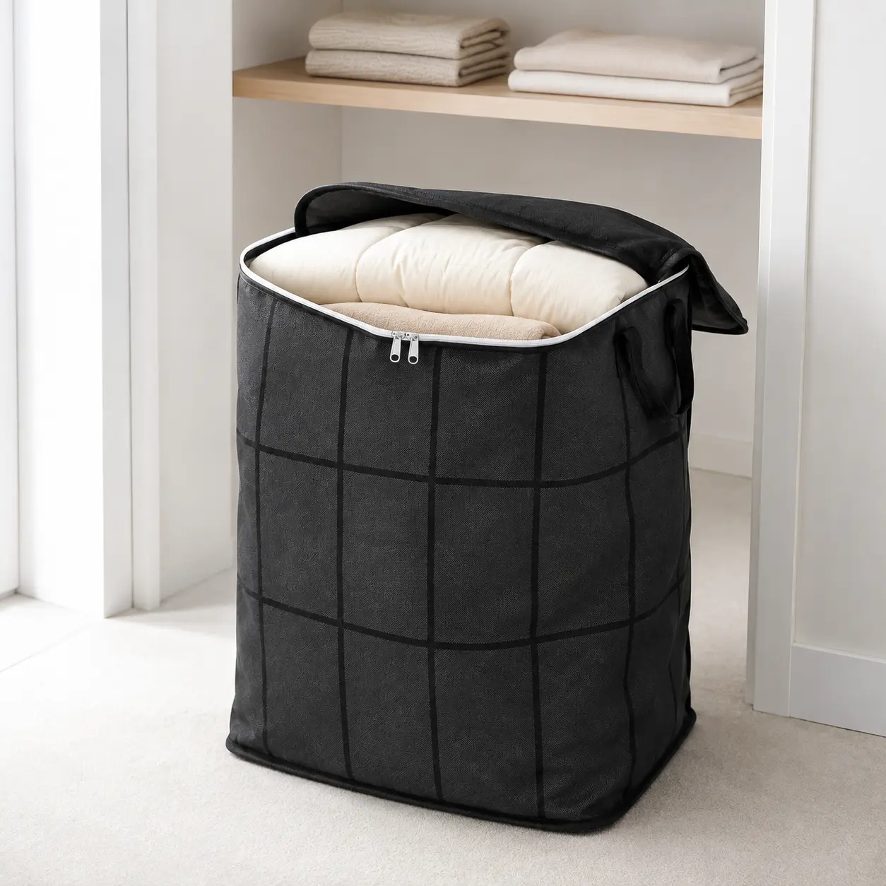 High-Capacity Reusable Fabric Household Storage Bag - Zipper Closure, Backpack Straps, Reinforced Handles, Multi-Purpose Space Saver Under Bed Organizer for Bedding, Moving, Comforters, Quilts, Duvets, Blankets, Down Jackets, Clothes, Reusable Fabric Stor