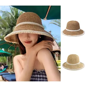 Women's Hat Woven Pearl Straw Hat Summer Sun Protection Sunshade Summer Beach Vacation Foldable Fisherman Sun Hat