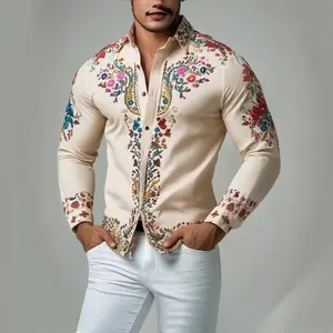 NewTrendCasualDigitalPrintingMen'sLongSleeveButton-UpShirtAvailableMenswearTopTractorFloral
