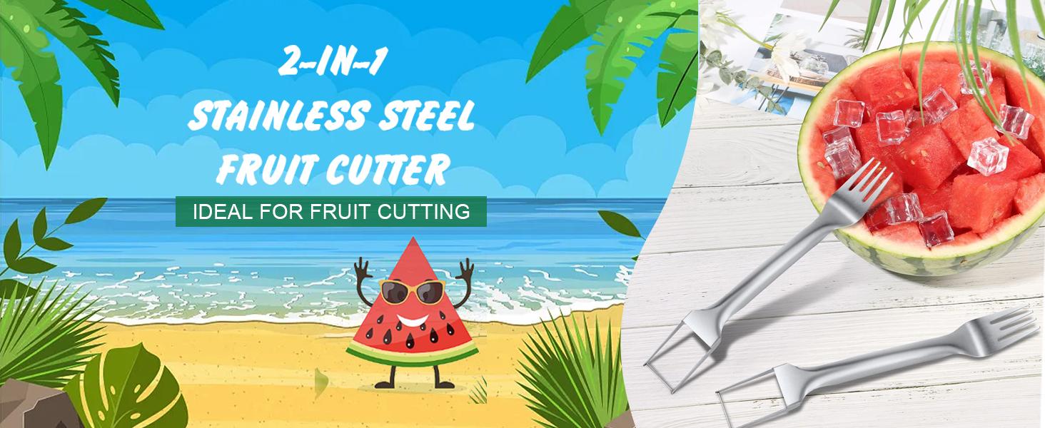2-in-1 Stainless Steel Watermelon Cutter Fork, Dual Head Watermelon Cube Slicer, Multifunctional Fruit Cutting Tool for Melon & Fruit