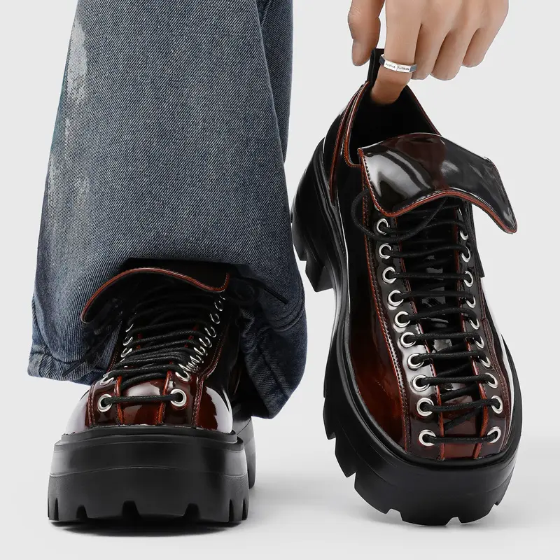 Mens Chunky Platform Shoes Patent Leather Glossy Oversized Folded Tongue Lace To Toe Metal Eyelets Thick Lug Sole Round Toe Punk Gothic Avant Garde Streetwear Y2K Casual Footwear
