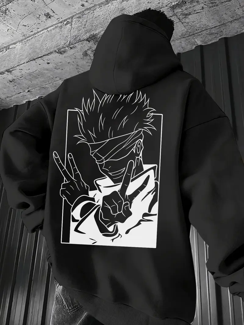Men's White 'Jujutsu Kaisen Gojo Satoru Black & White Anime Graphic' Oversized Hoodie - Streetwear Anime Casual Pullover, Featuring Iconic Gojo Satoru from Jujutsu Kaisen with Bold Line Art Design, Ideal for Anime Enthusiasts, Graphic Print Hoodie