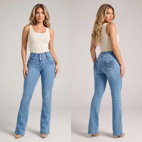 MX JEANS Push Up High Waist Bootcut Jeans Acid Wash Blue