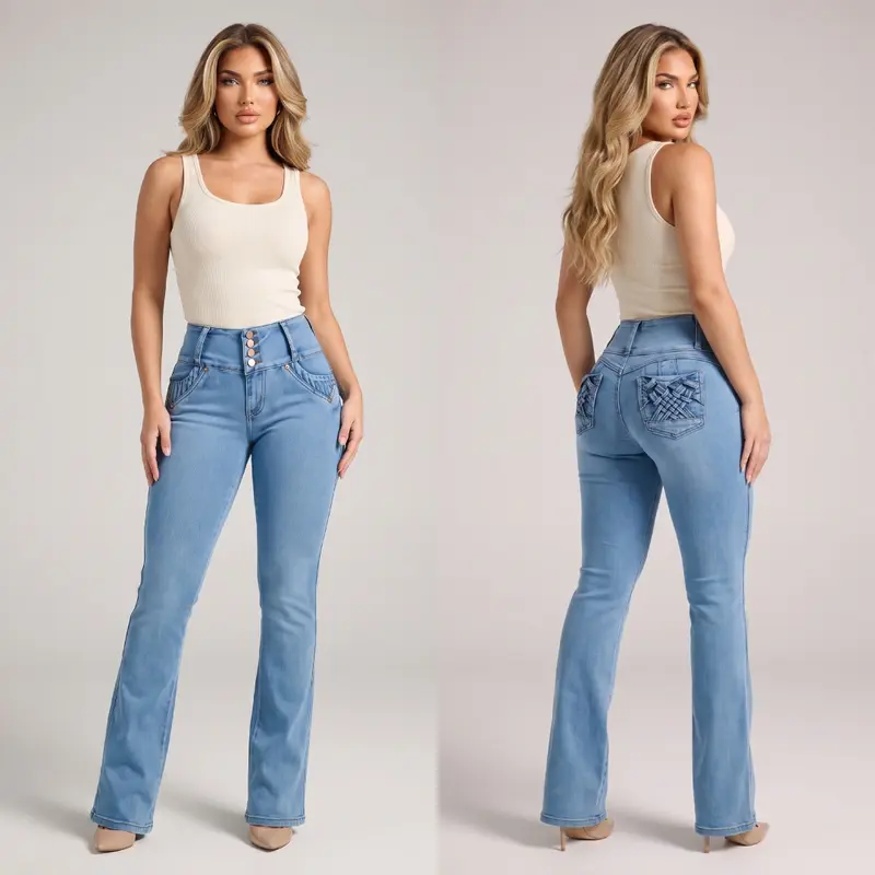 MX JEANS Push Up High Waist Bootcut Jeans Acid Wash Blue
