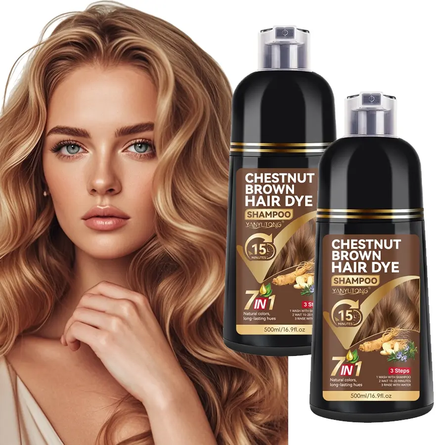 500ml chestnut brown herbal hair dye shampoo, 7-in-1 herbal extract mild, non irritating, Covers Gray Hair, hair dye, shampoo and hair care three in one, 15 minute hair dye, family outfit, healthy shiny hair, suitable for men and women