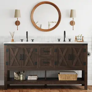 60-inch Modern Farmhouse Double Sink Bathroom Vanity with Cabinets, Drawers & Open Shelf - /MDF Suitable for Family Bathrooms, Space-Saving, Ample Storage, Low-Maintenance for Resale Value