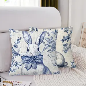 2 sets of 18x18 inches/45x45 cm Easter Pillow Cover, featuring a blue and white Chinese style Easter bunny with a bow, Delft blues, suitable for holiday and anniversary decoration, living room and bedroom decoration, non 2D flat version (excluding pillow