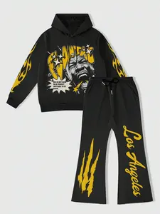 Men's Fall Winter Hip-Hop Two-Piece Set, Tupac Portrait Flame Print Hoodie + La Bell Bottom Pants, Streetwear Festival Vintage Style