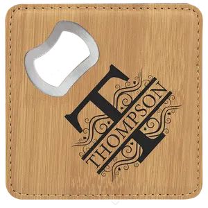 Square Bamboo Laserable Leatherette Coaster with Bottle Opener
