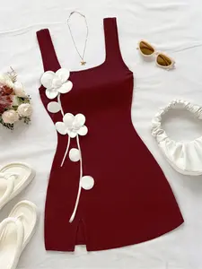 Women's French Style Floral Dress, Square Neck Sleeveless Top, Side Slit, Waist Cinched, Casual Wear Short Skirt