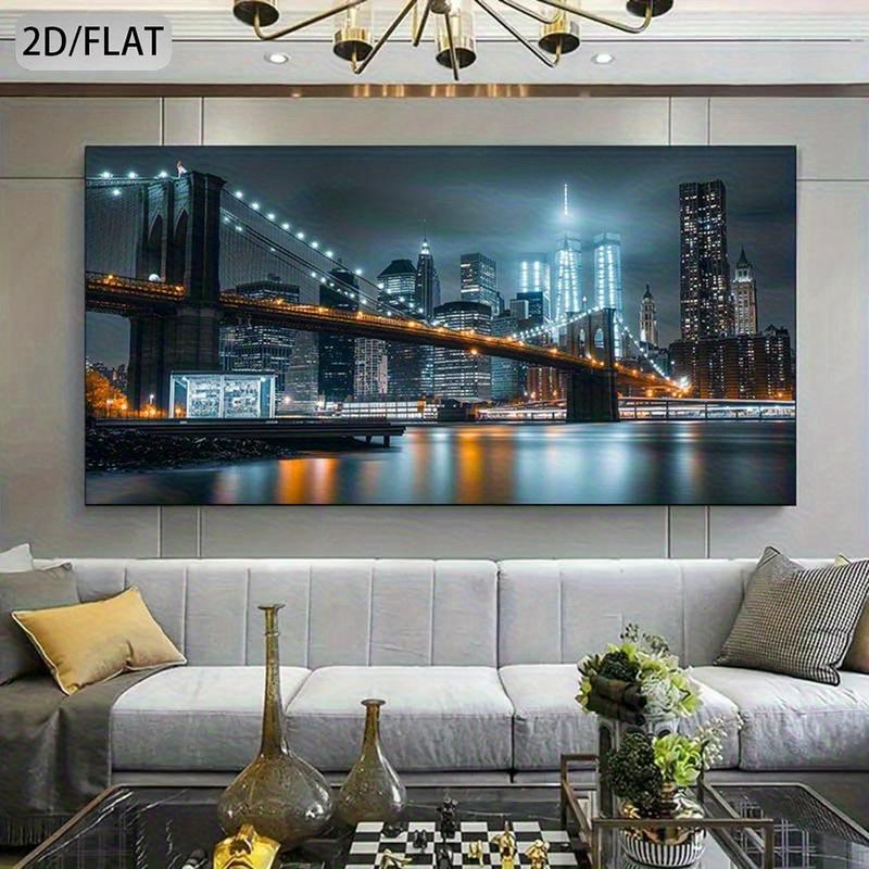 Wooden Framed Canvas Painting2D Flat Large modern New York skyline canvas wall art - Brooklyn Bridge and Skyscraper night view poster, bright urban decorative painting, suitable for living room, bedroom, office Wrapped in canvas