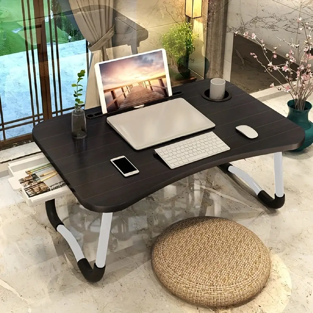 Versatile Foldable Lap Table with Tray, Cup Holder & DrawerPortable Wooden Laptop Desk for Bed, Sofa, Reading &Writing, Adjustable Height for Comforta