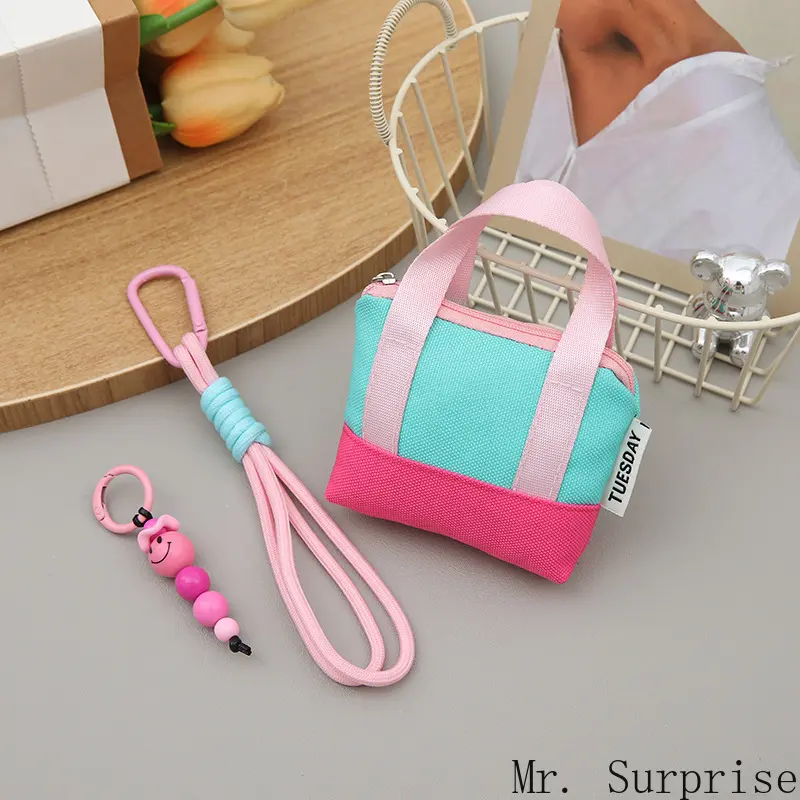 Quilted PU Leather Mini Handbag (Rose Pink) - Portable Fabric Pouch with Blue Coil Wristlet Lanyard & Pendant for Coins, Cards | Rose Blue Handbag + Lanyard + Pendant, Portable Pouch, Quilted Fabric Pouch