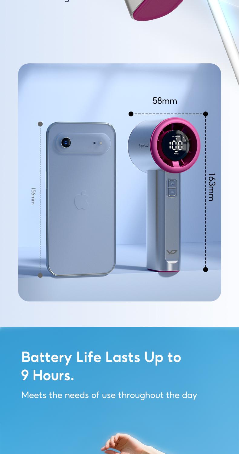 YodevoeThis portable handheld turbine fan features 100 speed settings, a built-in 4000mAh battery, and a runtime of up to 18 hours. This 3-in-1 rechargeable handheld fan utilizes turbine cooling technology and is suitable for outdoor activities.