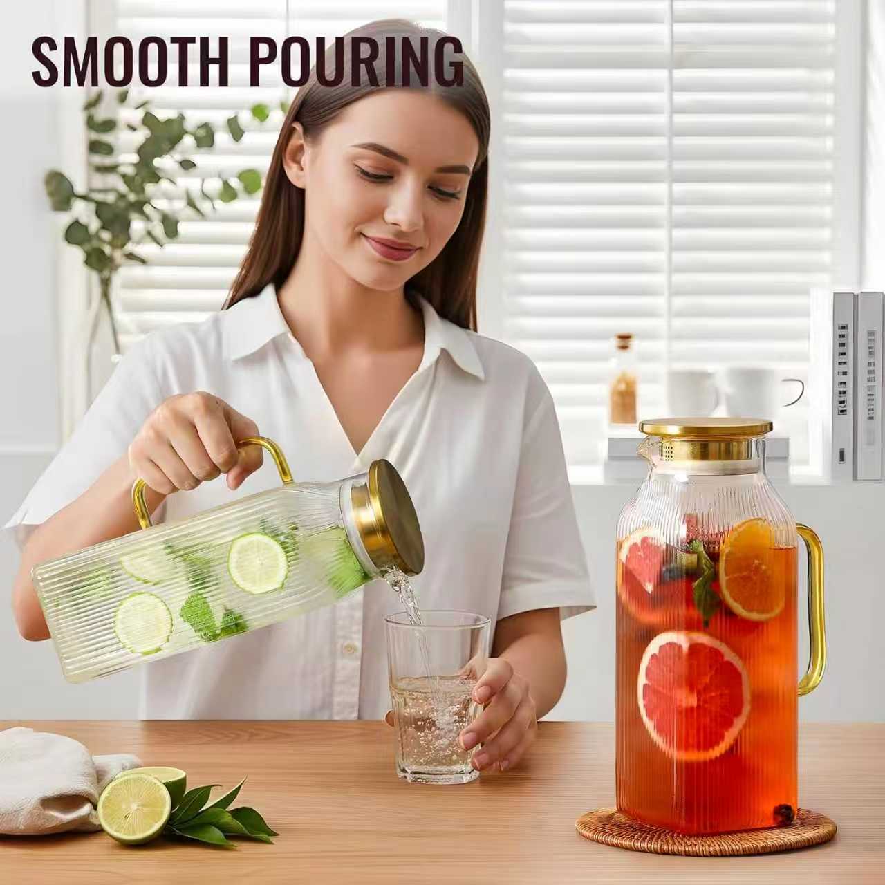 2-Pack Classic Stripes 68oz (2-Liter) Square Borosilicate Glass Pitcher Set, Silver Lids & Handles, Fridge-Safe Jugs for Hot/Cold Brew Drinks, Iced Tea