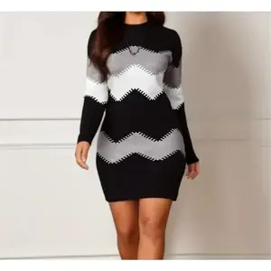 Women Elegant Patchwork Long Sleeve Warm Dress Autumn Winter Rib Knit Sweater Dress Casual Turtleneck Pullover Mini Dresses Womenswear Summer