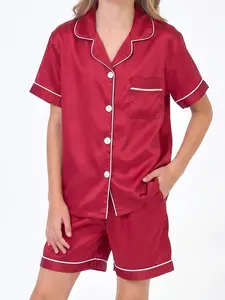 Kids Satin Pajama Set Silk-Like Short Sleeve Sleepwear Buttons Down Pjs Soft Loungewear for Boys Girls