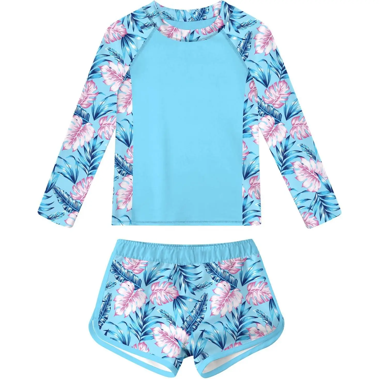 Girls Rash Guard Swimsuit Teens Two Piece Bathing Suit Long Sleeve Swimwear Size 7-16T