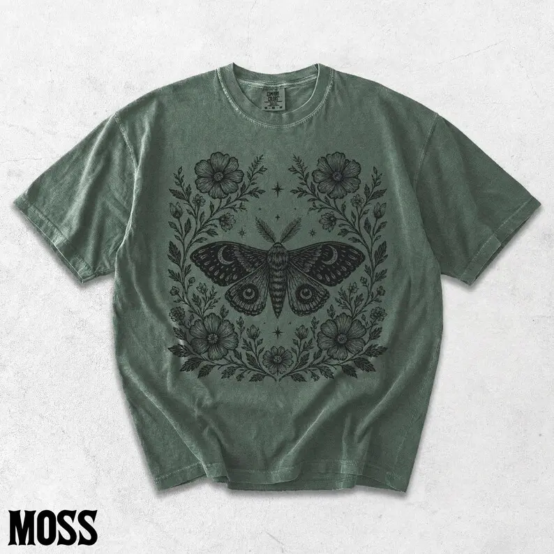 Comfort Colors Moth Floral TShirt, Cottagecore Moth Tee, Vintage Botanical Insect Graphic T-Shirt, Boho Wildflower Nature Gift