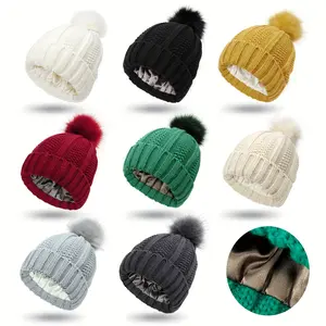 Unisex Soft Satin Lined Beanie Knit Hat, Warm Pom Pom Winter Slouchy Cuffed Skull Cap for Cold Weather