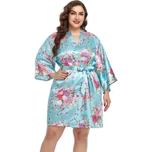Women's Plus Size Satin Robes Floral Robe Wedding Party Kimono Robes Sleepwear Light Sleeve Womenswear Bathrobe
