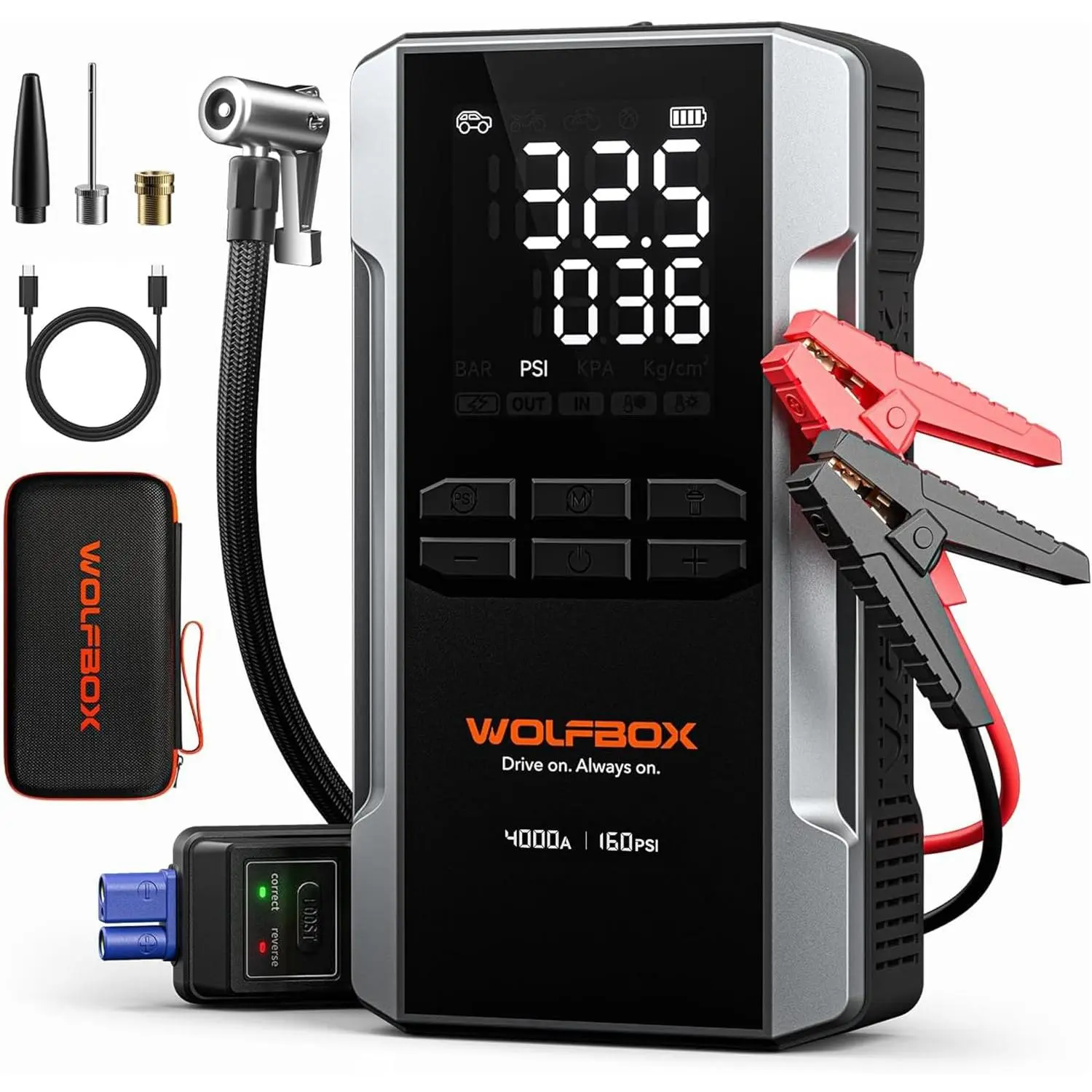 WOLFBOX 4000A Jump Starter with 160PSI Air Compressor, 12V Car Battery Booster, 65W Fast Charge, 88.8Wh Portable Tire Inflator, LED Display for 10L Gas & 10L Diesel Engines, LED Light, Jumper Cables