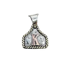Custom Handmade Cow Tag Western Necklace with Copper Initial Monogram Pendant - Cattle Tag Hand Engraving (Antique Finish, K, S)
