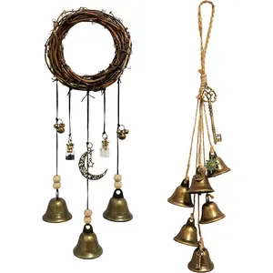 Witch Bells for Door Knob for Protection, 2 Pack Handmade Witch Bells 13.5 & 12.2 Inch with Brass Bells and Spell Jars, Vintage Boho Witchy Decor Witchcraft Supplies Wiccan Gifts for Home Wall Door