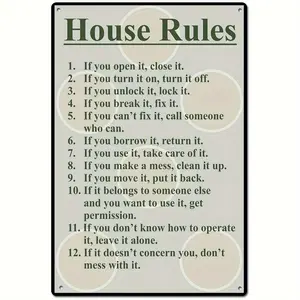 1pc, House Rules Funny Label Metal Wall Sign 12x8 Inch Wall Decoration Art, Home Decoration, Room Decoration, Coffee Bar Decoration, Dining Room Decoration 2D