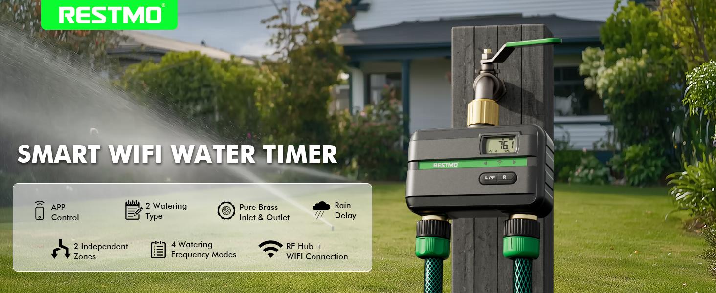 RESTMO Smart Sprinkler Timer with Flow Meter, Water Timer for Garden Hose, Brass Inlet & Outlet, Automatic Lawn & Yard Irrigation Watering System, APP Control (Bluetooth Connection, Not Include Hub)