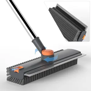 3-in-1 Floor Scrub Brush with Adjustable Long Handle – Heavy Duty Stiff Bristle Scrubber, Squeegee & Tweezer, Shower Cleaning Brush for Bathroom, Tile, Kitchen, Garage, Deck, Patio, Wall & Concrete Floor Cleaning