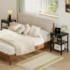 15" Nightstand with Charging Station – 3-Tier Adjustable Bedside Table with AC Outlets & USB Ports, Small End Table for Bedroom, Dorm, Record Player Stand