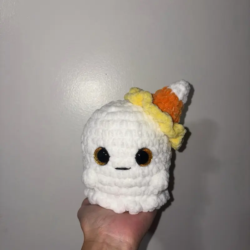 Crocheted Ghost Plushie with Candy Corn Hat