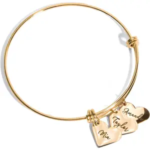 Personalized Name Bangle Bracelet with Heart Charm | Custom Engraved Bracelet for Women   | Mom Grandma  Mothers Day Birthday Anniversary