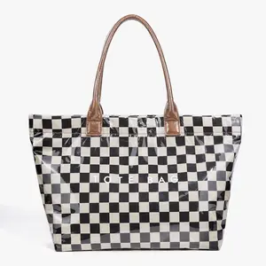 Checkered Tote Bag for Women,Trendy Print Handbag,Large Capacity Waterproof Plastic Shoulder Bag,Canvas Lining