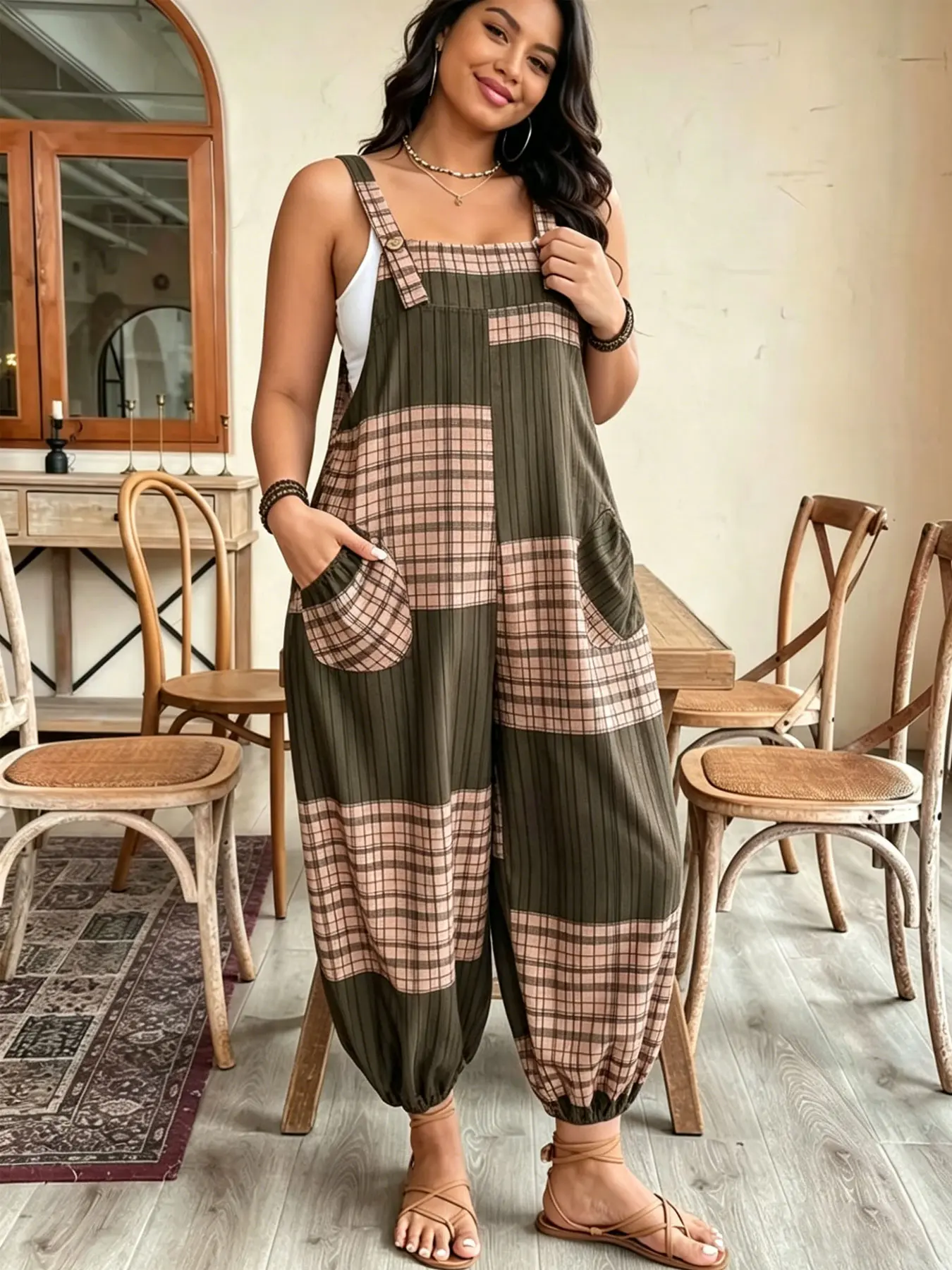 Plus size women's fashionable versatile color-block Plaid double-pocket cuffed Strappy overalls, suitable for summer, daily commuting, casual wear, and vacation Womenswear