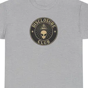 DISCLOSURE CLUB T-Shirt - Alien Illuminati Emblem Tee | Unisex Heavy Cotton, Classic Fit, Graphic Tee for Sci-Fi Lovers & Conspiracy Theorists, Casual Vintage Style, Short Sleeve Crew Neck, Medium Weight Cotton, Breathable & Durable, Perfect for Everyday