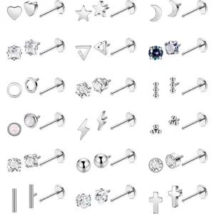 18Pairs 18G Titanium Stainless Steel Stud Earrings Set for Women Men Hypoallergenic Flat Back Cartilage Earring CZ Moon Star Heart Ball Helix Tragus Lobe Stud 6MM 8MM