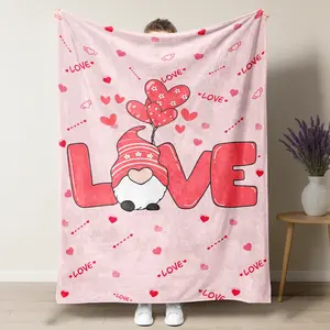 Valentine's Day Gnome "LOVE" Cute Pink Heart Graphic Throw Blanket,Romantic Gifts for Her,Pink Gnome Holding Heart Balloons Decorative Blankets Flannel Throws for Bed Couch