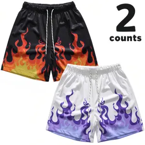 Y2K Men's 2-Pack Flame Print Basketball Shorts - Bold Red & Purple Fire Graphics on Black & White Mesh - Quick-Dry Athletic Gym Shorts with Elastic Waist & Drawstring - Streetwear Fashion for Summer, Workout, Festival - XS-XL Sizes