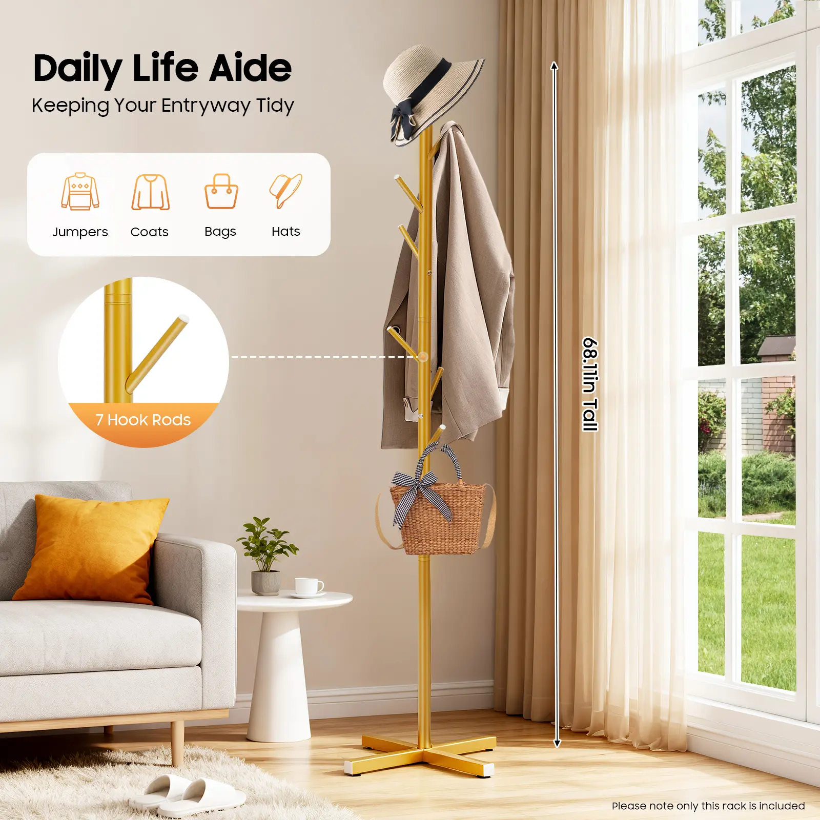 Tree Branch Design Coat Rack with 7 Hooks & Stable Cross Base, Gold Finish Iron Hall Tree Stand, Heavy Duty & Space Saving Entryway Organizer for Coats, Hats, Bags, Scarves, for Living Room, Bedroom, Office, Apartment