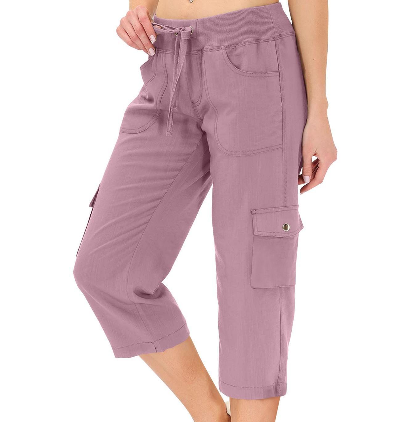 Solid Color Drawstring Fitness Running Cargo Pants With Pockets, Patchwork Design, Cropped Pants