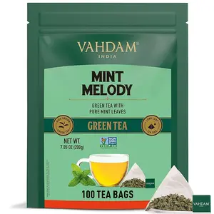 VAHDAM, Mint Green Tea Bags (100 Count) Low Caffeine, Non GMO, Gluten Free, High Grown | Whole Loose-Leaf Tea Bags | Resealable Ziplock Pouch