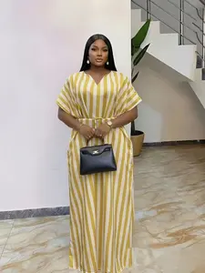 Popular fashion loose plus-size pink striped printed women's boubou Casual Kaftan Dress with belt decoration, suitable for summer, elegant parties, daily outings, shopping, beach vacations, with pockets