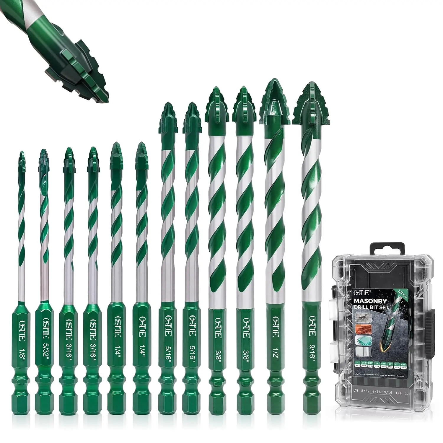 12-Pc Masonry Drill Bit Set, 1/8"-9/16" 4-Blade Serrated Eccentric YG6T Carbide Bits with 1/4" Hex Shank for Concrete, Brick