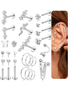 25-Piece Women's Earring Set - Popular Styles in Silvery and Golden - Small Stud Earrings - Multiple Styles - Stainless Steel with Zirconia - Hypoallergenic - For Cartilage - Women's Jewelry