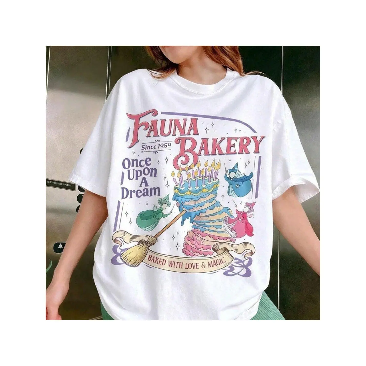 Women's Loose Casual Comfortable Fauna Bakery "Baking with Love And Magic" Sleeping Beauty Fairy Godmother Theme Park Family T-Shirt Top Apparel