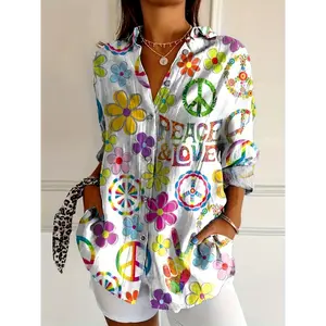 Women's Hippie Floral Print Peace Love Print Long Sleeve Shirt - Casual Button-Up with Vibrant Flower Design, Machine Washable, All-Season Wear, Casual Wear | Peace Symbol Design | Silklike Texture Women's